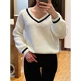 thumbnail image 6 of Women V Neck Sweaters Long Sleeve Light-Weight Knit Pullover Tops White XXXL, 6 of 8