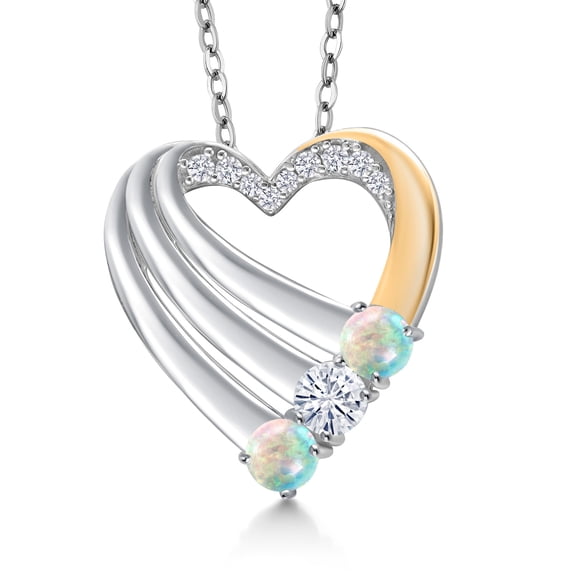 Gem Stone King 925 Silver and 10K Yellow Gold Simulated White Opal and Moissanite and White Lab Grown Diamond Heart Pendant for Women | 0.83 Cttw | October Birthstone | With 18 inch Chain