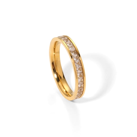 PISONIC Cut CZ Stackable Thin Band Ring for Women, 18K Gold Plated Tarnish Resistant Stainless Steel Paved Crystal Wedding Finger Jewelry