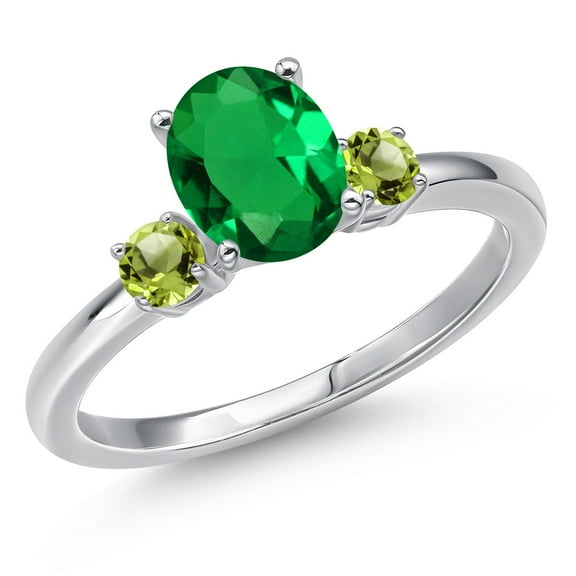 Gem Stone King 14K White Gold Green Nano Emerald and Green Peridot Engagement Ring for Women | 0.99 Cttw | Oval 8X6MM | Gemstone May Birthstone | Size 5