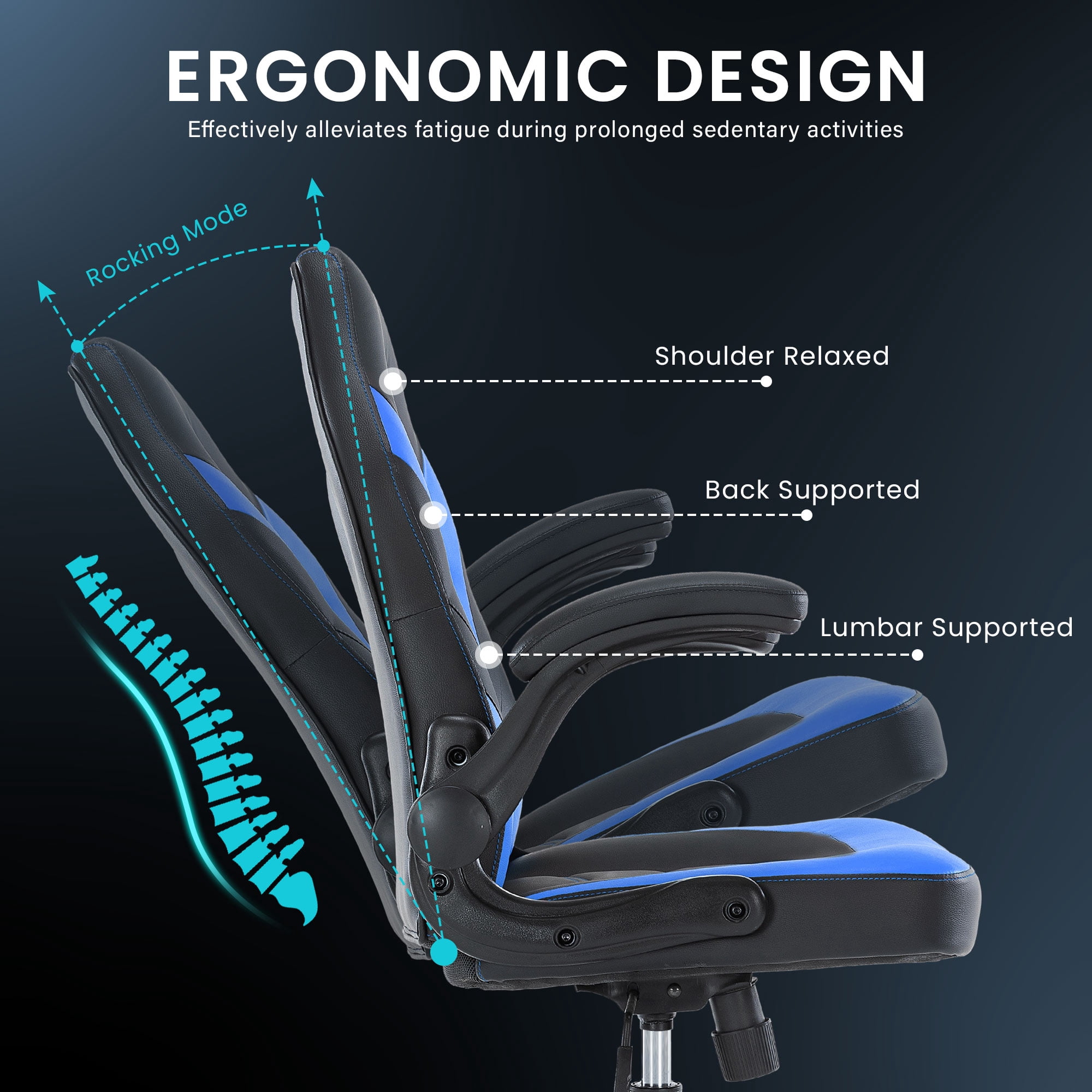 JONPONY Ergonomic Gaming Desk Chair - Adjustable PU Leather Swivel Racing Chair with Flip-up Armrests for Home Office and Entertainment, Perfect for Adults, Kids, and Gamers, Black Blue