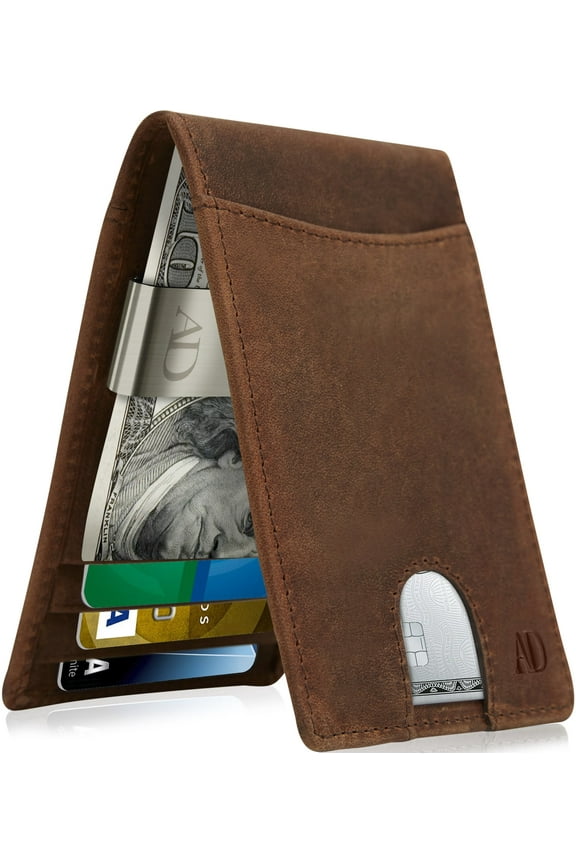 Slim Leather Wallet for Men RFID Blocking Minimalist Front Pocket Wallet with Money Clip Genuine Leather Bifold Card Holder Gift-Ready