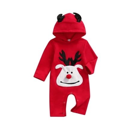 

IZhansean Christmas Infant Baby Boy Girl Long Sleeve Xmas Reindeer Hooded Romper Jumpsuit Outfits Red 3-6 Months
