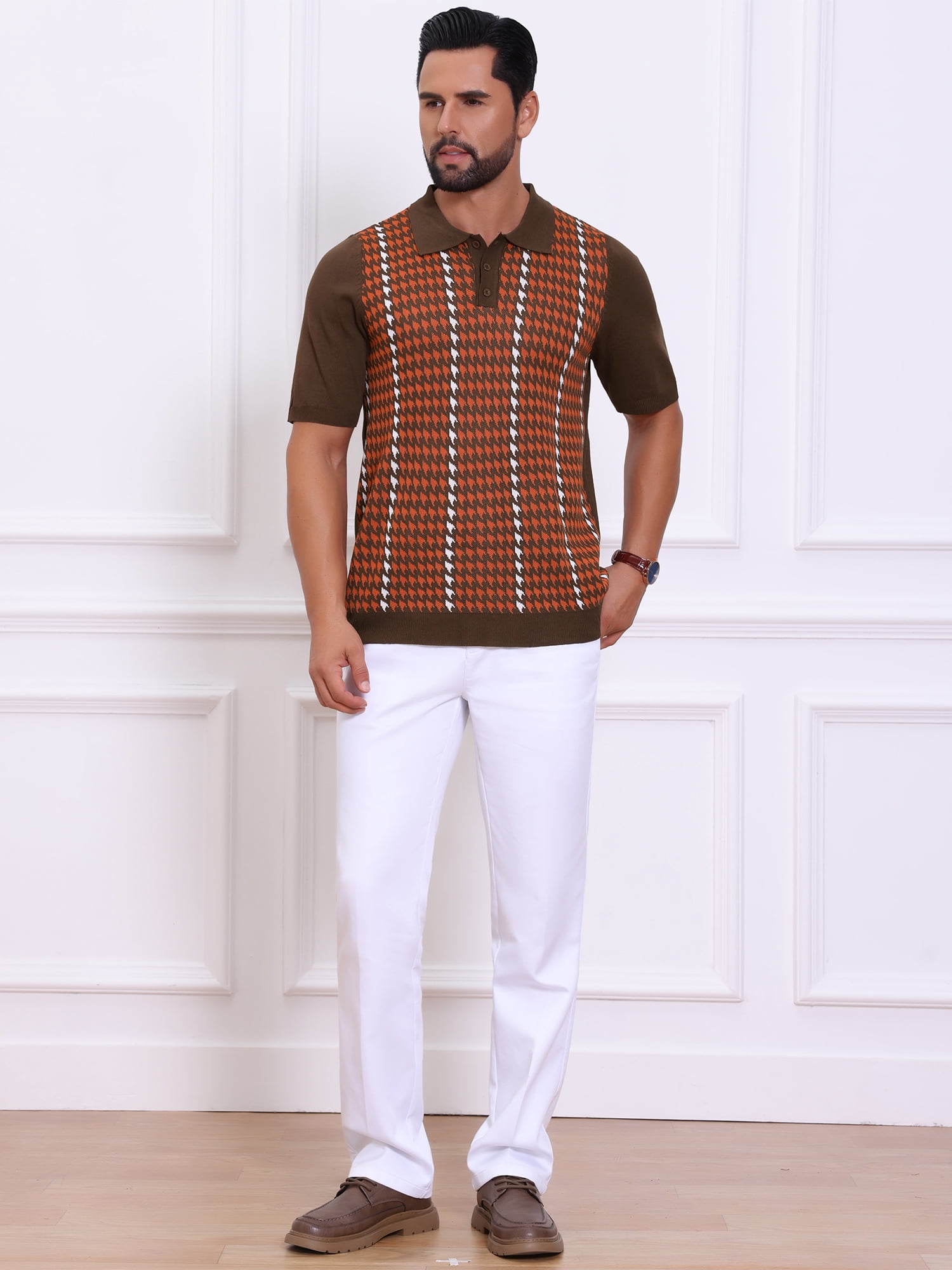 DARING DIVA Men's Houndstooth Summer Short Sleeve Casual Knit Polo Shirt XL Brick Red