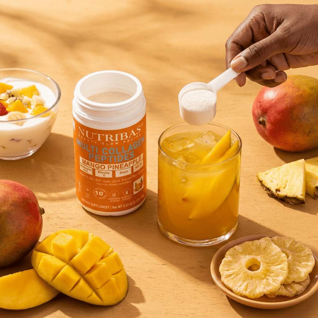 Nutribas Protein Multi Collagen Peptides Powder Whole Body Support Formula With MCT, Vitamin C, Biotin & Hyaluronic Acid , Vanilla Strawberry Mango, 11 oz