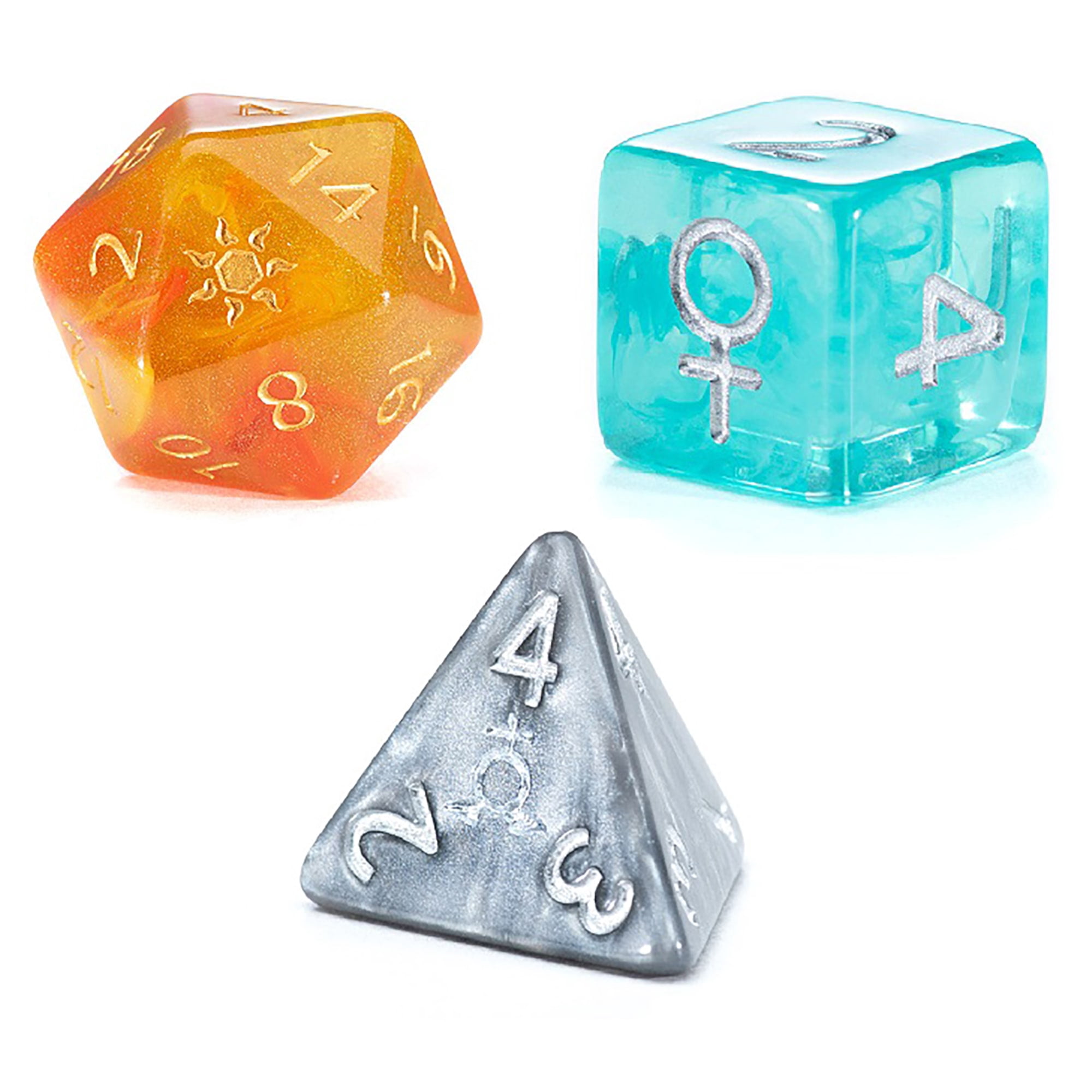 Solar System Dice - 14pc RPG Resin Set, Unique Die For Each Planet Or Solar System Object, Greek-Medieval Astronomy Symbols