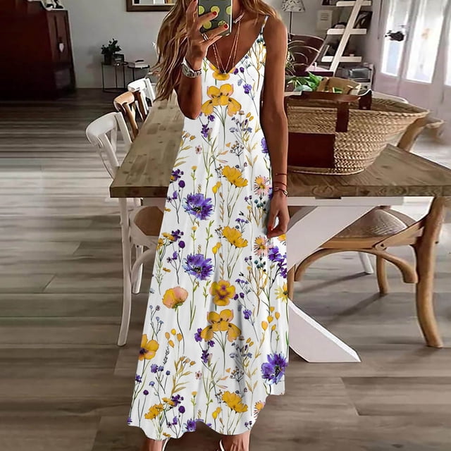 FcBaudy Camisole Sans Manches Robe Col en V, Robes d'Été pour Femmes, Robes d'Été pour Femmes Imprimé Sans Manches Robe Col Rond Décontractée Robes Femmes