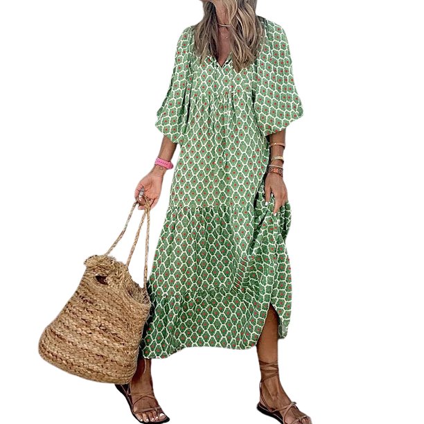 Vestido Vestido de media manga para mujer, vestido de playa bohemio, vestido elegante informal de algodón 2023 Ygjytge Verde T L para Mujer