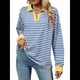 thumbnail image 2 of Sudaderas A Rayas de Talla Grande para Mujer, de Larga, con Cuello de Solapa, Informales, Suaves, Tipo Pulóver, Camisetas Azul M, 2 of 10