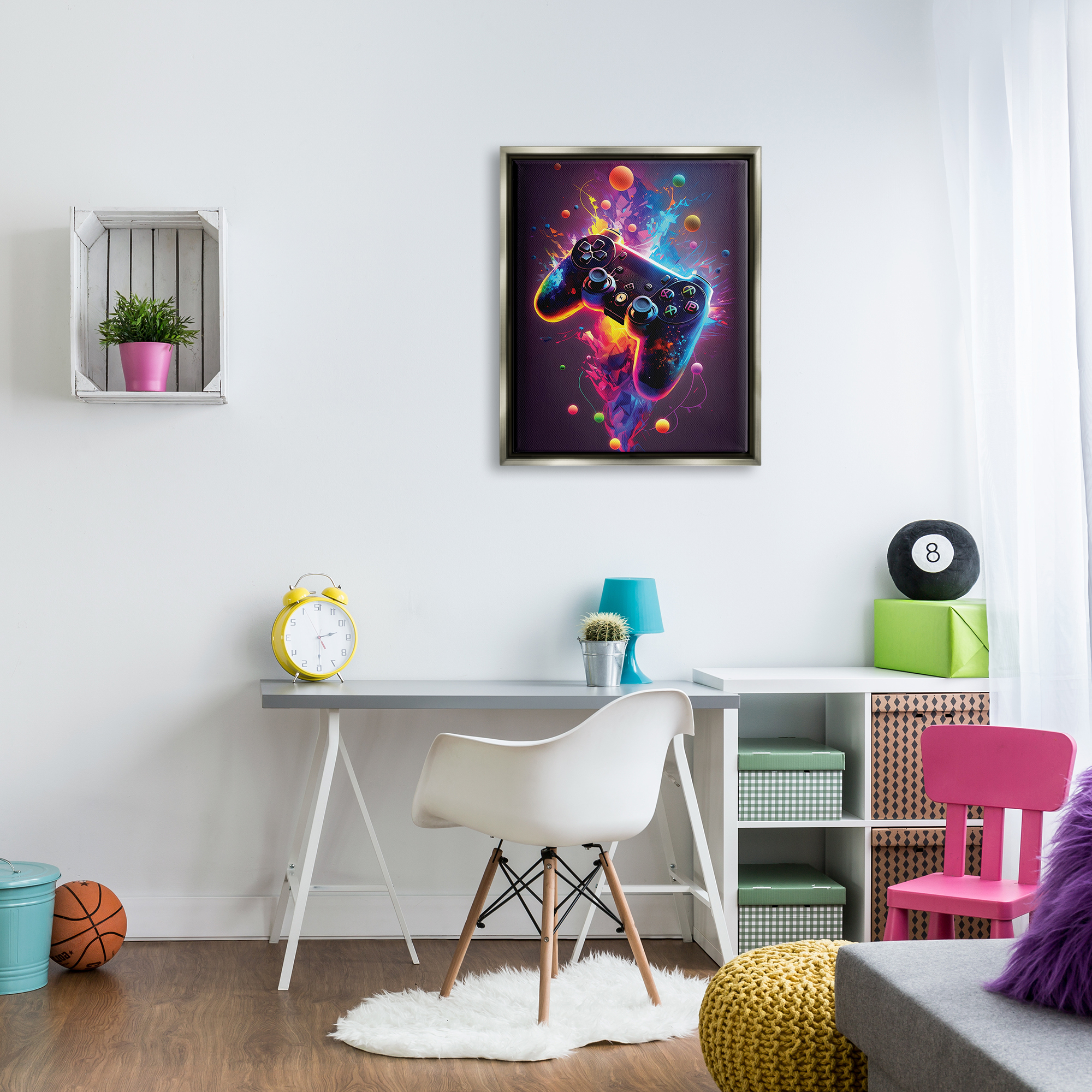 Stupell Industries Bold Prismatic Gaming Controller Art for Kids Painting Gray Floater Framed Art Print Wall Art