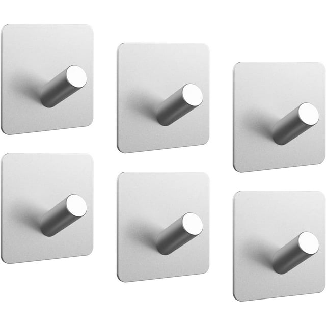 AmPm Adhesive Hooks Shower Hooks Heavy Duty Hooks Waterproof Aluminum, 3m Hooks Sticky Hooks for Hanging Hat Towel Coat Robe - Bathroom, Bedroom, RV & Kitchen - 6 PC(Sliver)