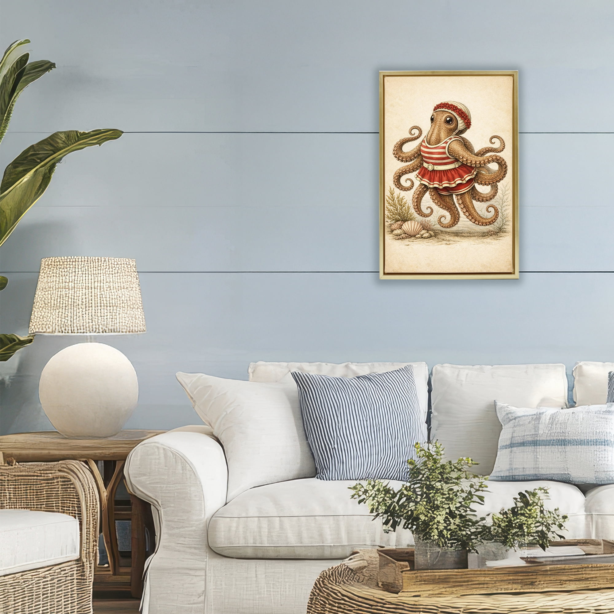 Stupell Industries Octopus of Maritime Bathing Society Gold Framed Floater Canvas Wall Art, design by Grotto Studios