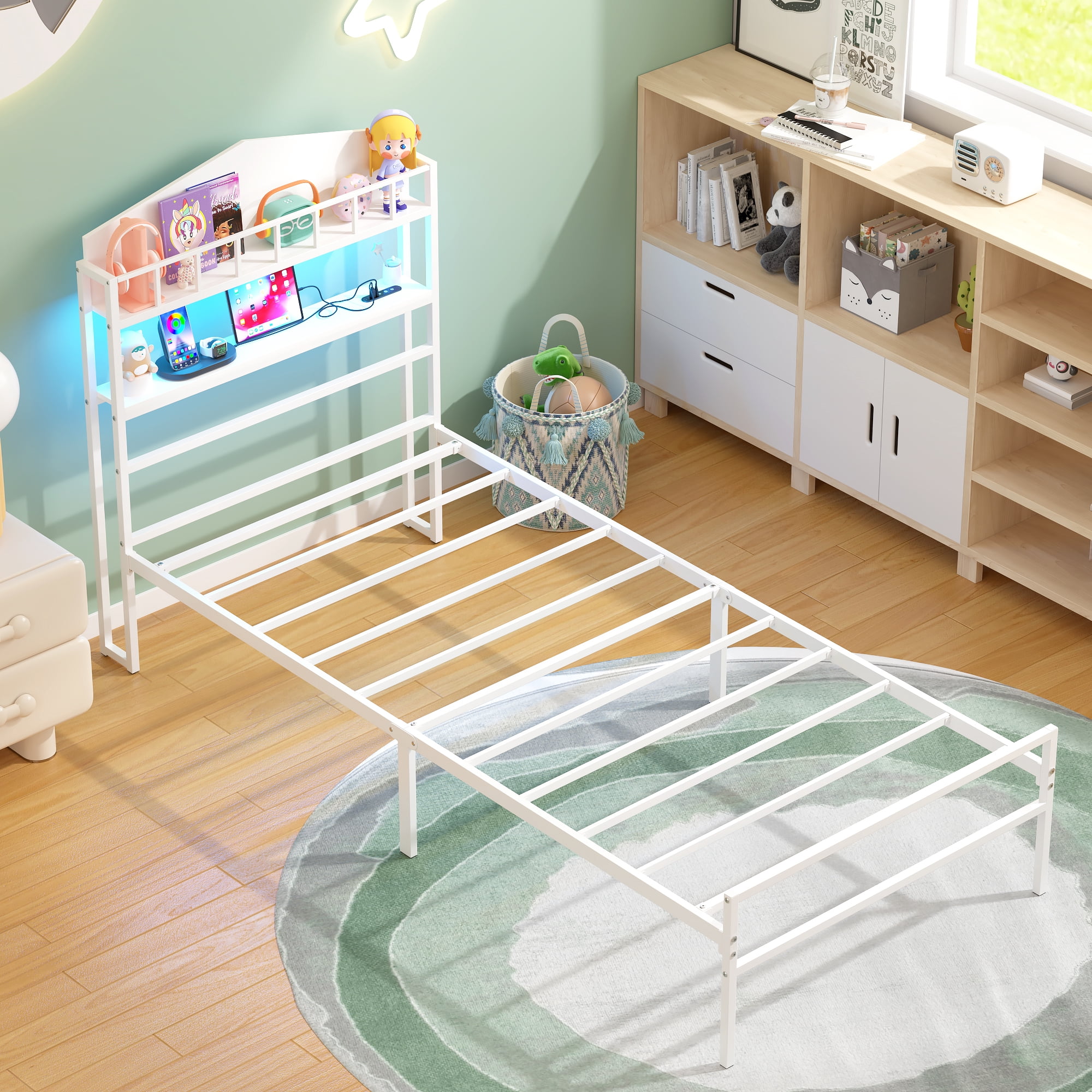 Yoneston Kids Twin Bed with 2 -Tier LED Storage Headboard & Charging Station, House-Shaped Platform Metal Bed Frame for Boys Girls Teens, White