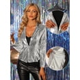 thumbnail image 2 of Chaqueta con Lentejuelas para Mujer Blazer de Color Metálico Brillante Plata S, 2 of 6