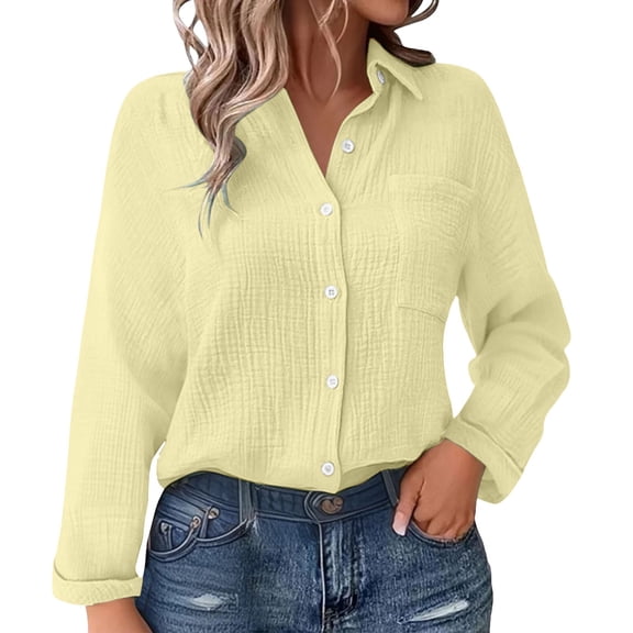 Outfmvch Womens Gauze Shirts Cotton Linen Pleated Belt Pocket Fall Work Cruise Outfits 2026 Linen Shirts for Women Rolled Cuffed Long Sleeve Blouse Beige L