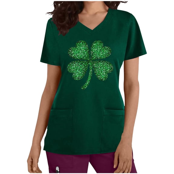 Tnhcen Women's St. Patrick's Day Scrub Top, Shamrock Print V-Neck Nurse Uniform, Loose Fit Healthcare Work Shirt with Pockets, Gabardine Stretch Tee, S-5XL