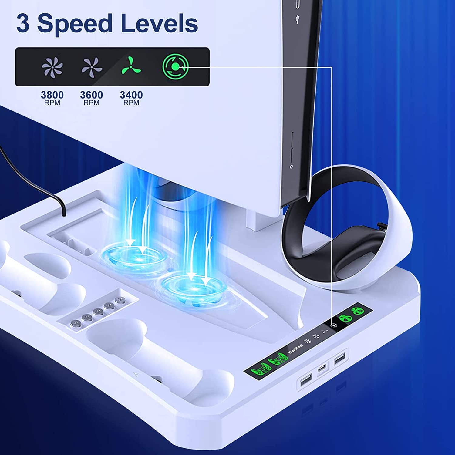 PS5 Accessories Cooling Station for PS5 Console, Charging Station for PS5 Controller & PSVR 2, [5 in 1] Stand with Cooling Fan and 5 Type-C Magnetic Charger, White