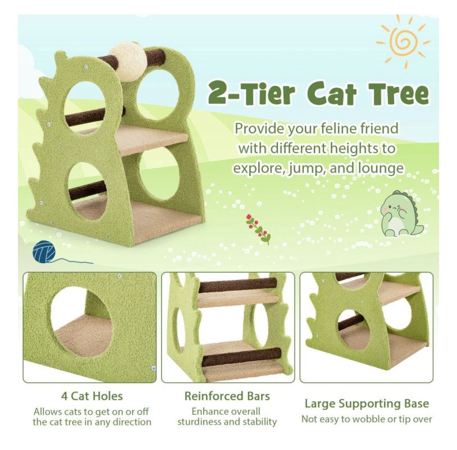 Cat Tree 2-Tier Dinosaur Design with Scratching Ball - Indoor Kitten Activity Center