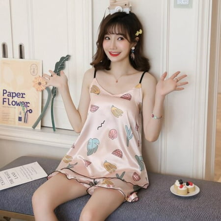 

DanceeMangoo WAVMIT Summer Sleepwear Set New Thin Silk Sling Shorts Dee Sexy Pajama Set Sling Womens Home Cloth Print Pyjamas with Chest Pad