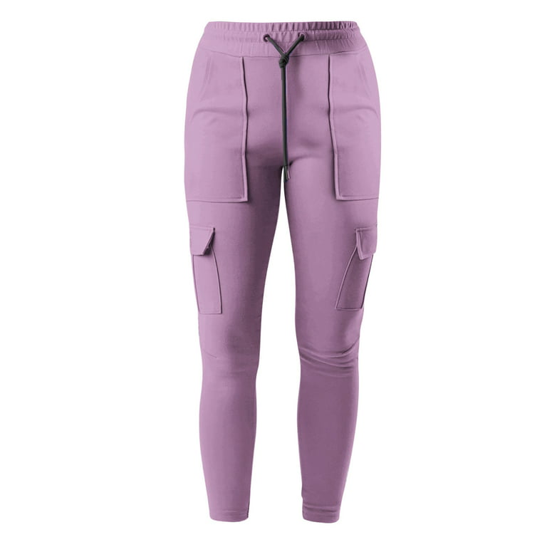 OVBMPZD Women's Cargo Pants Work Sports Elastic Waist Leggings String Side  Pockets Trousers Purple M