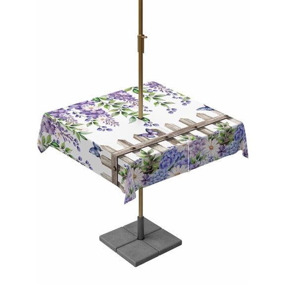 Outdoor Tablecloth with Umbrella Hole and Zipper, Spring Purple Flowers Square Table Cloth 60x60 Inch Waterproof Tablecloth, Farmhouse Leaves Fences Watercolor Picnic Table Cover for Patio Camping