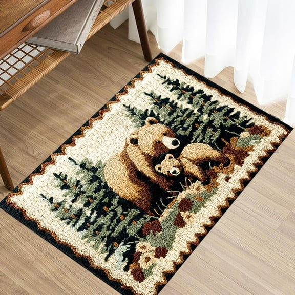 Bear Rug Farmhouse Bathroom Rugs Animal Brown Bear Forest Trees Rustic Cabin Carpet Camping Bath Rug Sets for Bathroom Bedroom Kitchen Outdoor Indoor, 17X48in