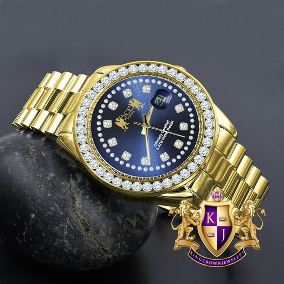 Mens Full Solid stainless Steel Solitaire Blue Face 18K Yellow Gold Finish Simulated Diamond 41mm Watch