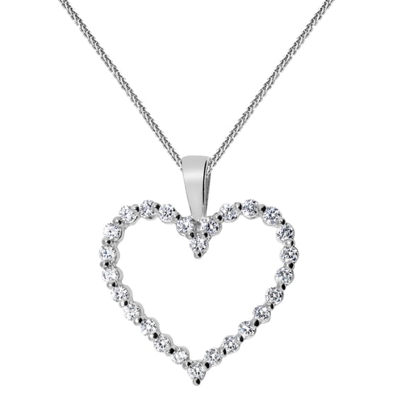 Precious Stars 14K White Gold Cubic Zirconia Ladies Open Heart Pendant with 16" Chain Necklace