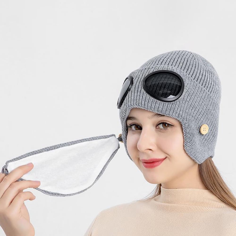 Unisex Winter Ski Beanie Hat with Goggles and Detachable Mask, 3-in-1 Unisex Knitted Goggles Beanie, Ski Mask with Goggles