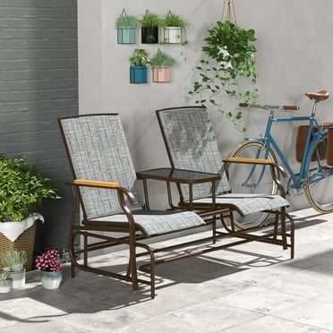 Outsunny Outdoor 2-Person Glider Bench with Table, Outside Breathable Mesh Swing Chair for Patio, Garden, Backyard, Porch, Gray