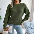 thumbnail image 4 of Women'S Solid Knit Cable Sweater Casual Long Lantern Sleeve Pullover Crew Neck Knitted Tops  Green S, 4 of 8