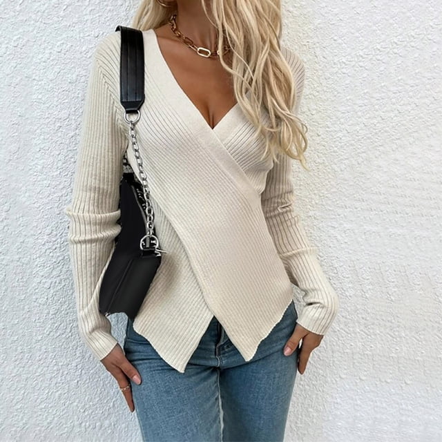 EGNMCR Chandails pour Femmes Mode Femmes Hiver Manches Longues Chandail Col en V Décontracté Hauts