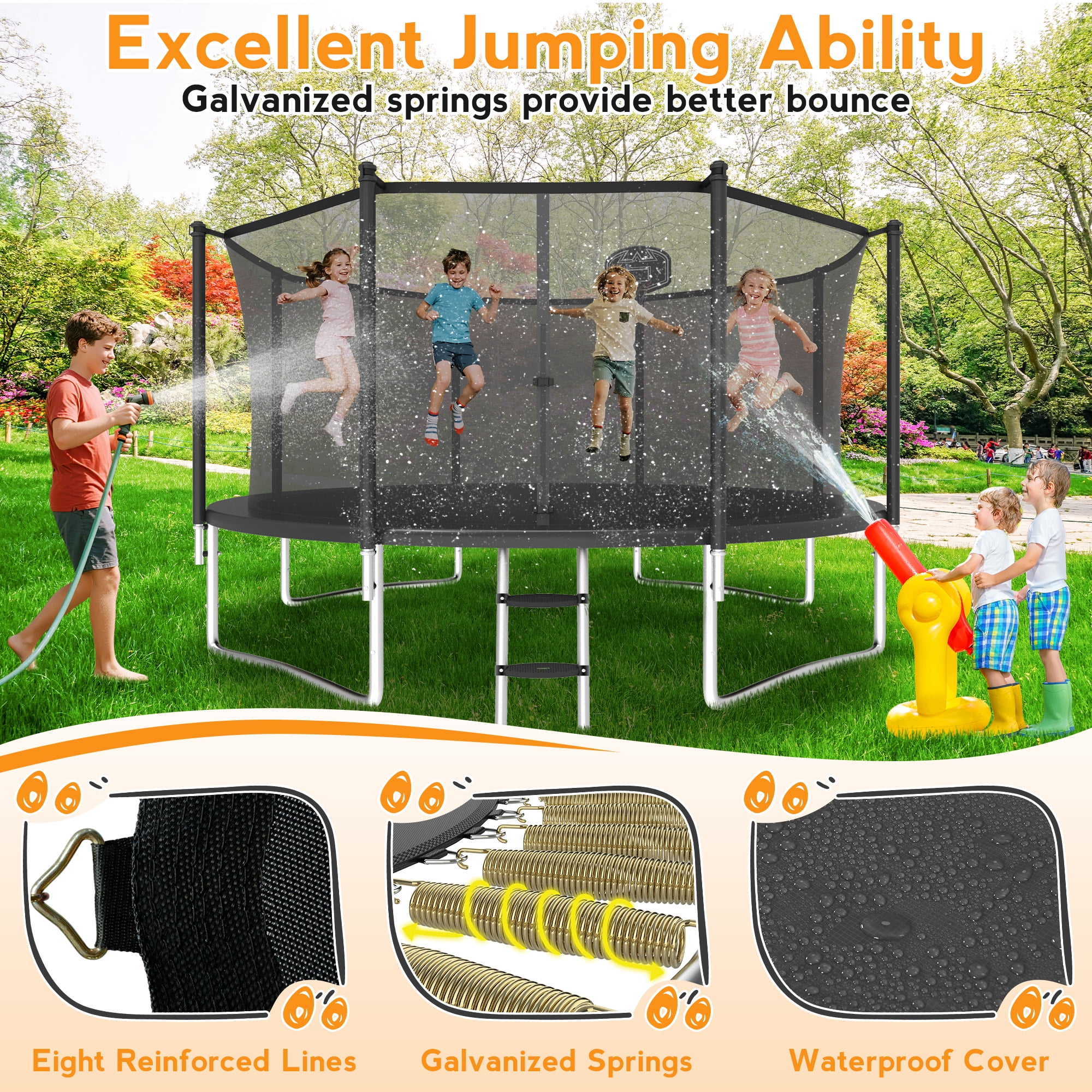 KOFUN 1200LBS 12FT Trampoline for Kids and Adults Outdoor Backyard Trampoline with Safety Enclosure Net, Basketball Hoop, 4 Anchor Kits, Ladder, A Ball, Black
