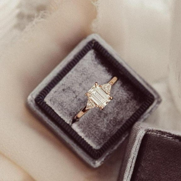 2Ct Emerald Cut Moissanite With Side Trillion Cut Moissanite Diamond Engagement Ring, Three Stone Ring, Emerald Moissanite Promise Ring Gift