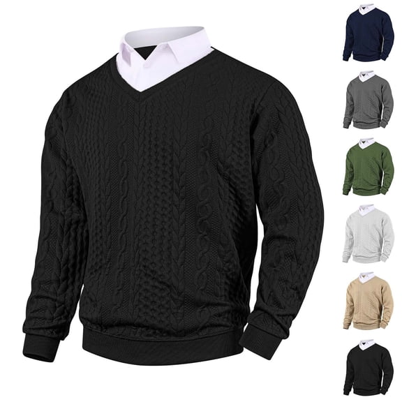 RYDCOT Men's Knit Sweater Fashion Classic Pullover Soft Touch 2 in 1 V-Neck Sweatshirt Top with Plaid or White Mock Shirt Collar Navy