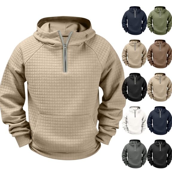Paiwinds Men's Solid Color Waffle Knit Hoodie Half Zip Pullover Sweatshirt with Kangaroo Pocket Casual Long Sleeve Hooded Top