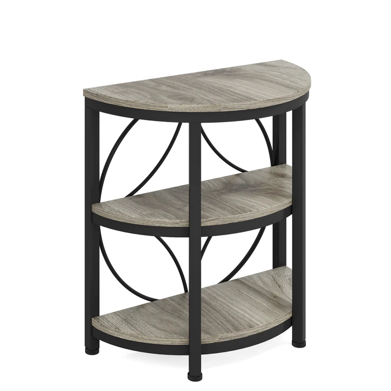 MAYEERTY Half-Round Side Table Rustic Brown Top Black Metal Legs 3-Tier Open Shelves