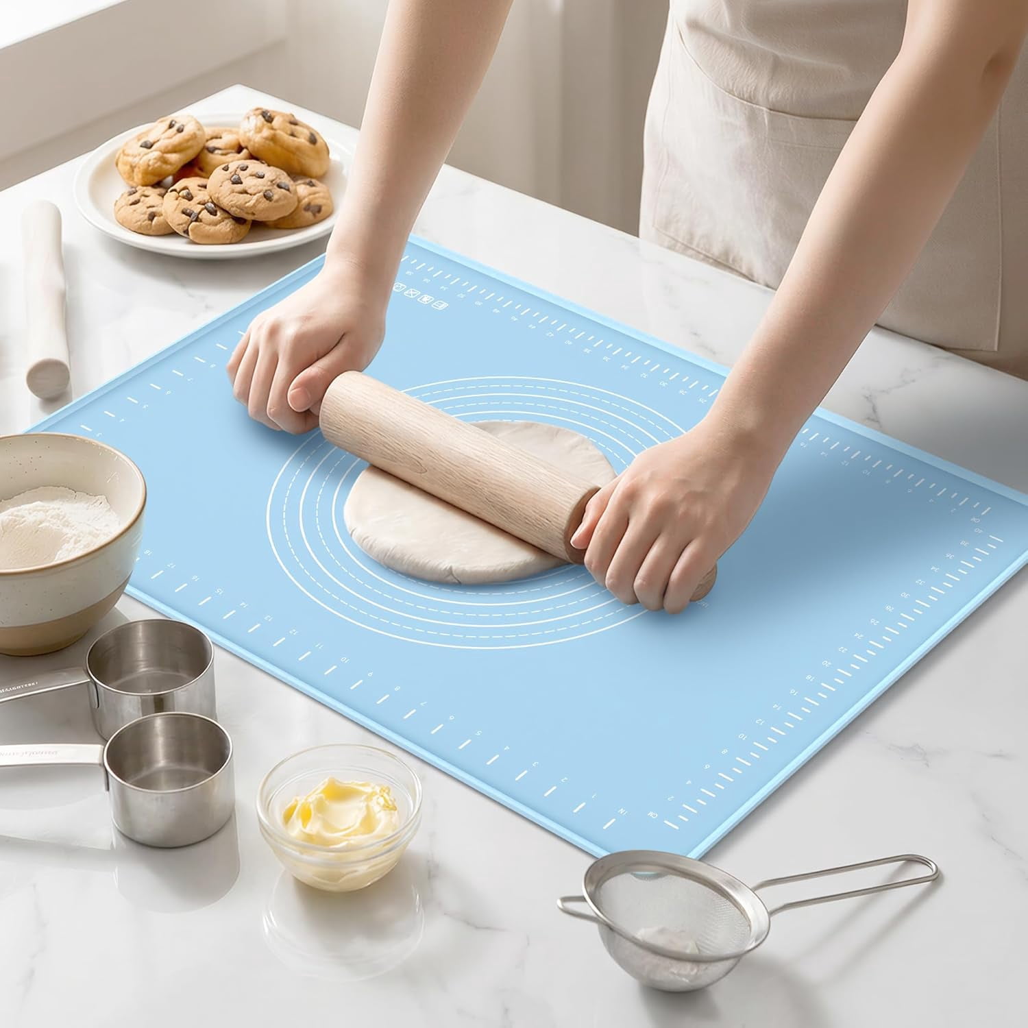 Silicone Baking Mat | Extra Thick Dough Rolling Mat with Measurements and Edge Heightening | Non-Stick Food Grade Pastry Mat for Pastry, Bread, Cookies, Pizza, Fondant & Pasta