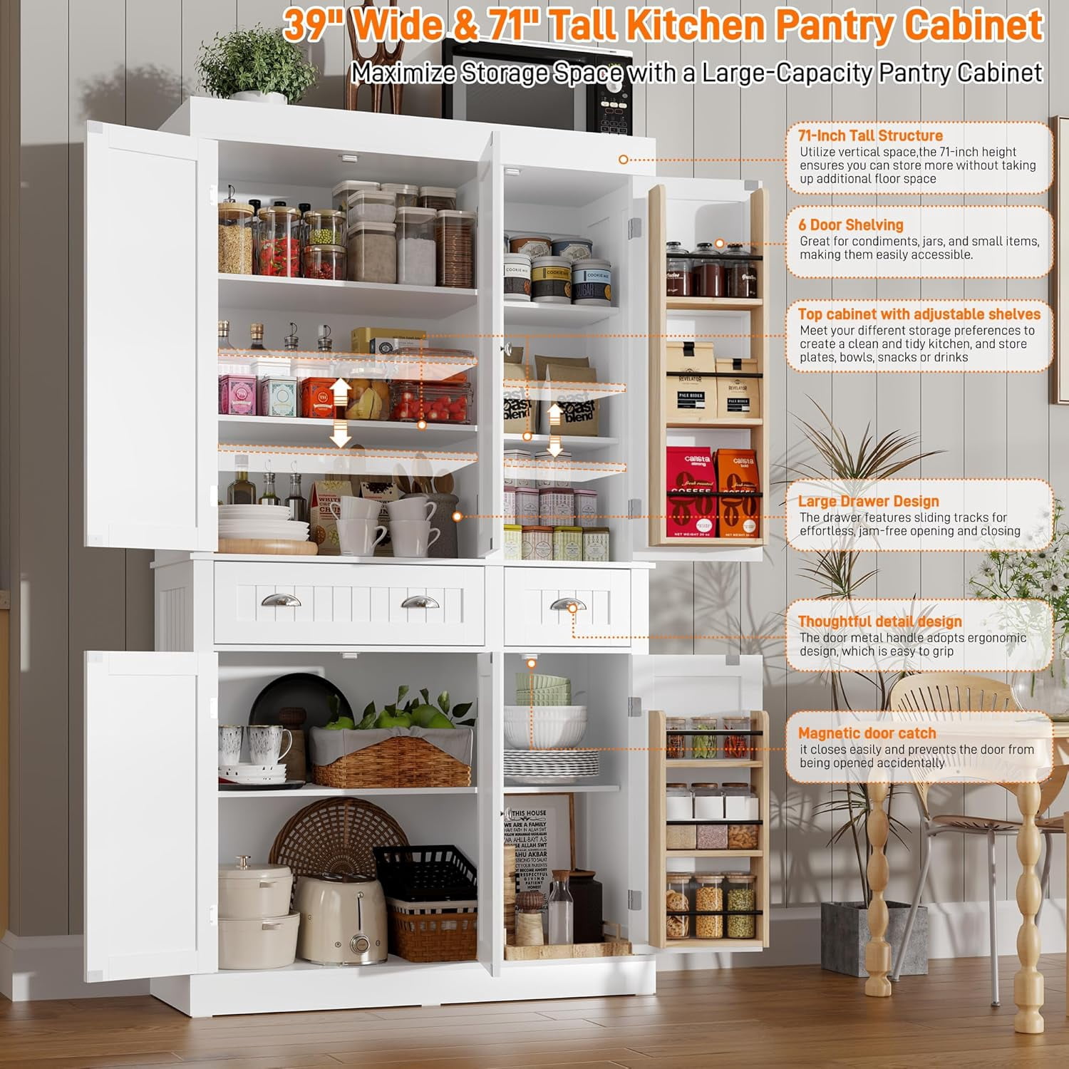 ChVans 71" Tall Kitchen Pantry with 6 Doors, Storage Cabinet with 2 Large Drawer 6 Hanging Shelves, Freestanding Cupboard for Dining Room Living Room
