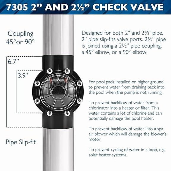 7305 Check Valve Replacement for Jandy 2 Inch to 2-1/2-Inch Check Valve pvc 180-Degree Compatible with Pool and Spa