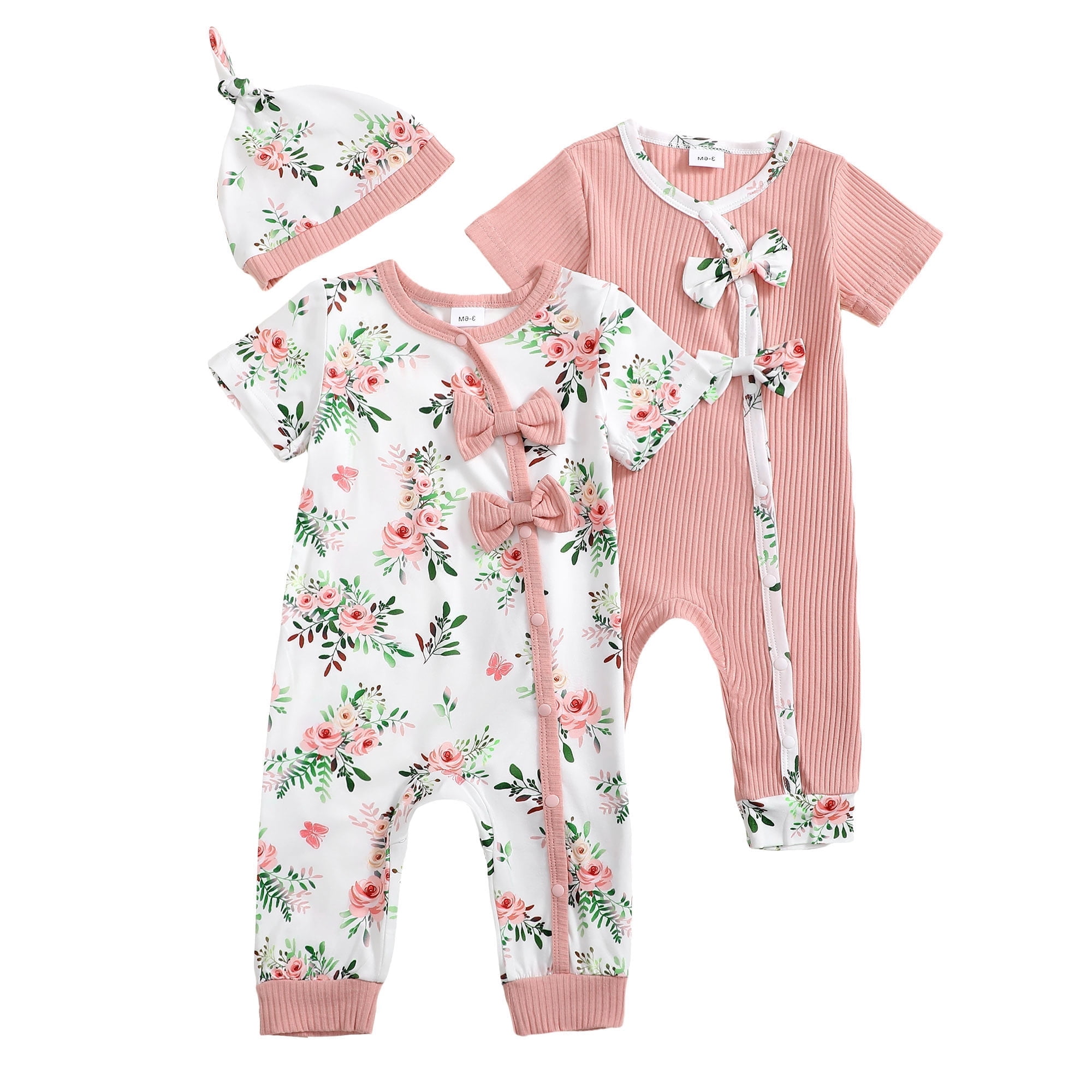 Actgleam Infant Baby Girls Romper With Hat Snap Short Sleeve Baby Jumpsuit,6-9Months,2 pack