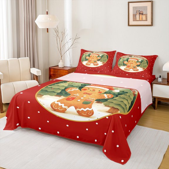 Feelyou Gingerbread Man Twin Sheet Sets for Teens, Dreamy Fairy Tale Twin Fitted Sheet, Christmas Dots Flat Sheet, Microfiber Bedroom Decor, 3pcs
