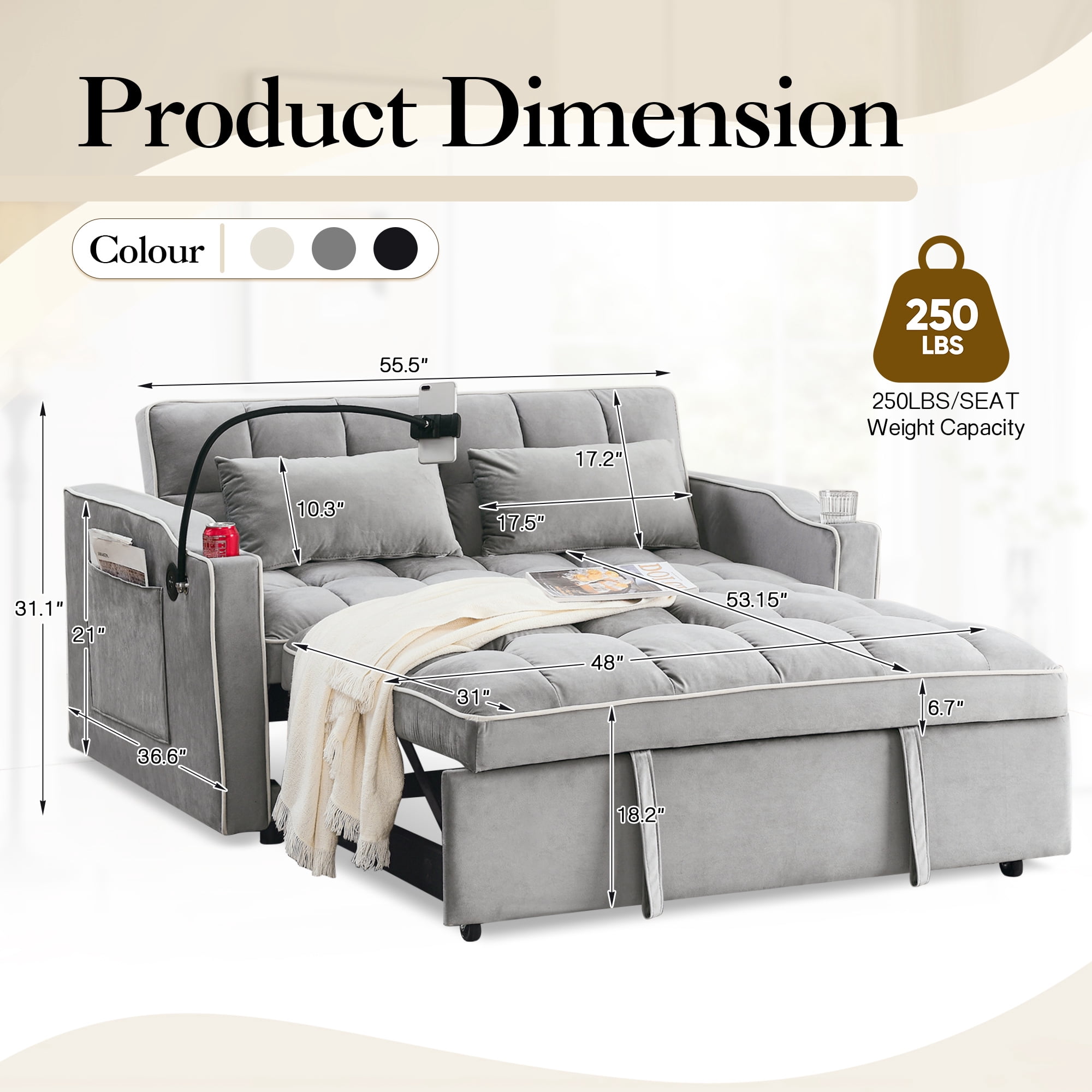 Dinosisco 3-in-1 Convertible Futon Sofa Bed, Loveseat Sleeper with Phone Stand, USB, Gray Velvet