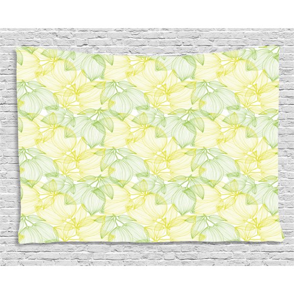 Lemons Tapestry, Hand Drawn Style Mingled Design of Lemon and Lime Models, Wall Hanging for Bedroom Living Room Dorm Decor, 80W X 60L Inches, Fern Green Yellow Green and White, by Ambesonne