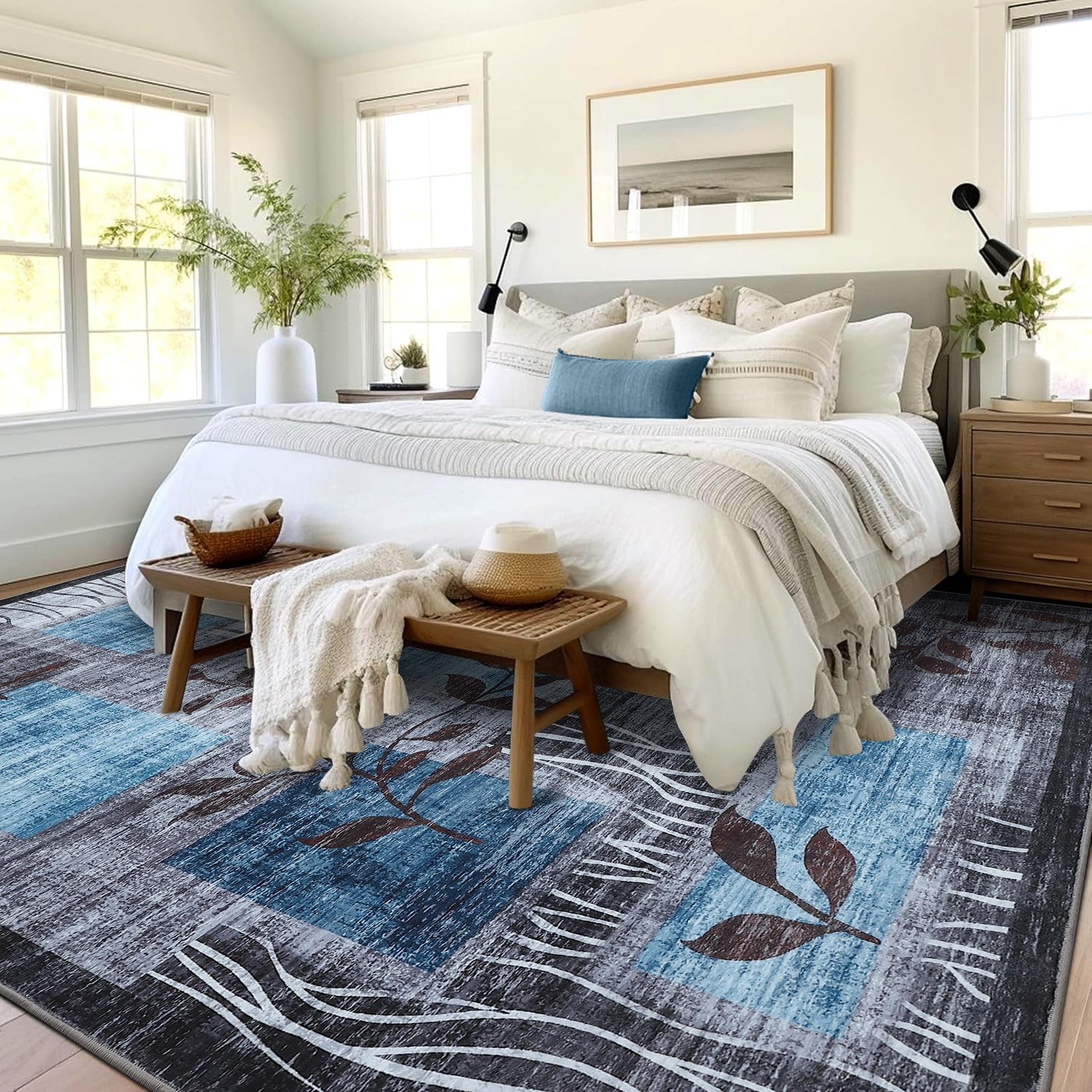 FairOnly 10'x13' Blue Rugs for Living Room Washable Abstract Leaf Area Rugs Soft Non Slip Contemporary Rugs for Dining Room Nursery Home Office Carpet