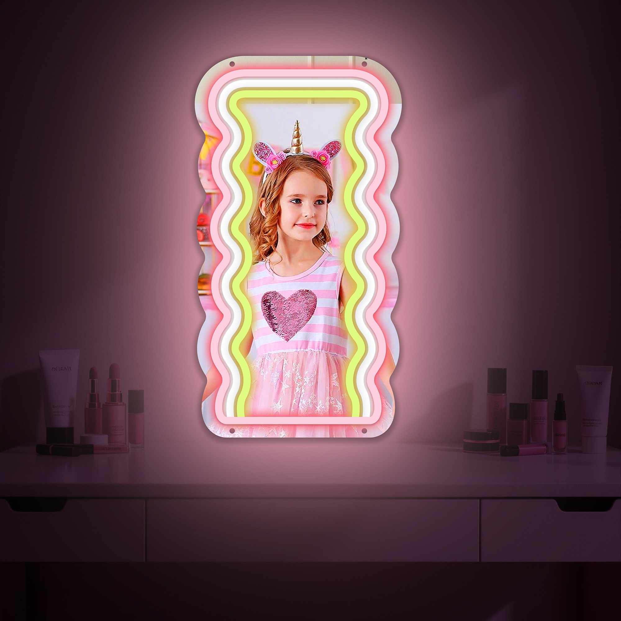 Anime Wave Mirror with Light Neon Signs for Wall Decor, Neon Mirror with Dimmable for Teen Girls Gift，Makeup Mirror Neon Signs Cute Acrylic Mirror for Girls Room