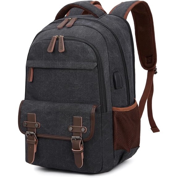 Canvas Travel Laptop Backpack for Men Women, business Work Rucksack College School Computer Bag Fits 15.6 Inch Laptop, Bookbag with USB Charging Port （Black）