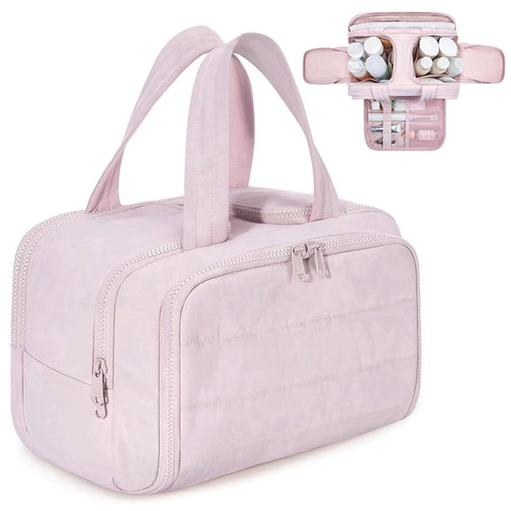 Travel Toiletry bag,Lightweight Large Capacity Cosmetic Bag,Wide open Travel Makeup Bag,Multiple Pockets Makeup Toiletry Bag Organizer with Handle for Accessories (Pink)