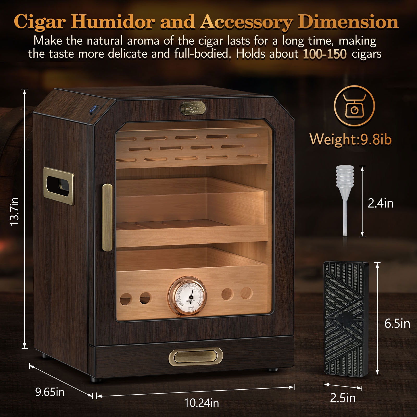 Electric Cigar Humidor Lighted Control Magnetic Door Desktop Cigar Humidor Cabinet,with Cigar Accessory Drawer 2 humidifiers 3 Layer Large Capacity Humidor,Hold 100-150 Cigars Gift for Cigar Lover
