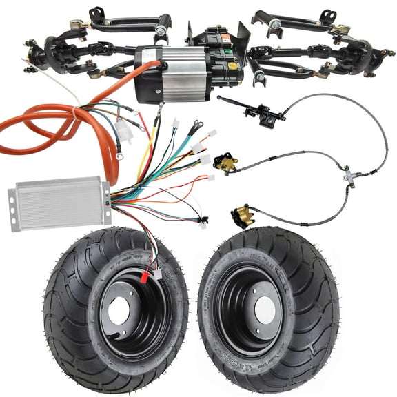 Front Axle Kit 4 Wheel Drive Half Axle Assembly Shock Swingarm Tie Rod & 48V 1000W Differential Motor Controller Brake & 13x5.00-6 Wheels Tires for Electric Go Kart ATV Quad Buggy Golf Cart